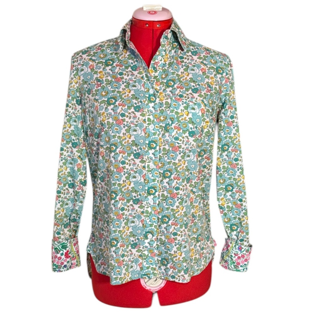 Lord & Taylor x Liberty Art Fabrics Teal Blue Floral Print Button Down Shirt